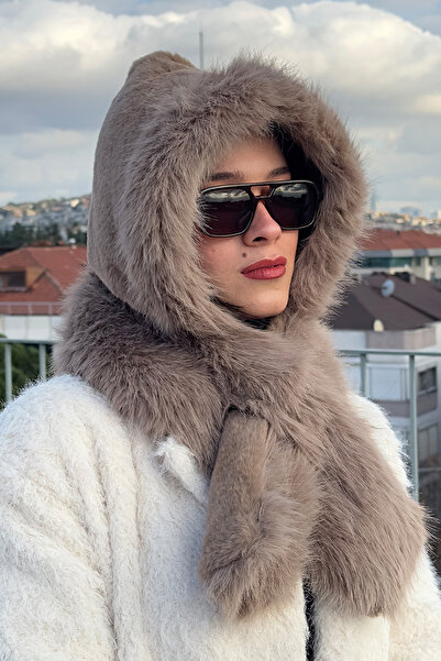 Mollycrush Women's Camel Faux Fur Scarf Hat – Winter Warm Soft Plush Model