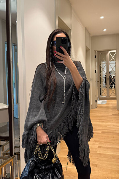 MAGARDE Πλεκτό Πόντσο με Φούντες - ΑΝΘΡΑΚΙΤΗΣ