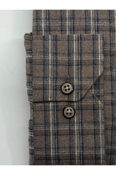 KAMER Regular Fit Winter 100% Cotton Long Sleeve Button-Up Collar Plaid Brown Shirt 3866K