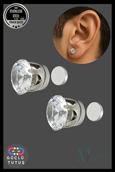 MAZEN 2 Pieces of 6 mm Solitaire Earrings with Strong Magnets |   316L Steel |   Fake Earrings Without Holes |   Male Female