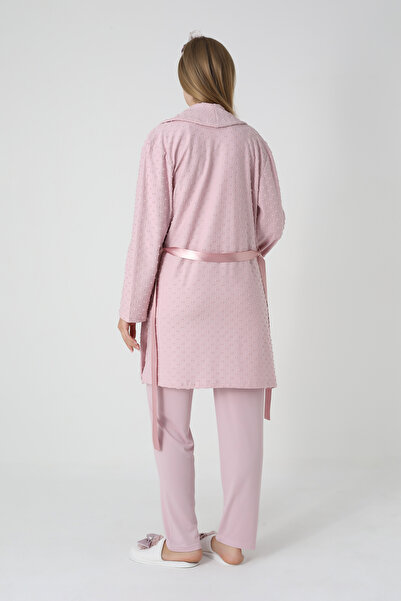 ERDENİZ TEKSTİL Pregnant Women's 3-Piece Pajama & Robe Set – Jacquard Fabric with Bow Pattern, Breastfeeding, Viscose-Cotton