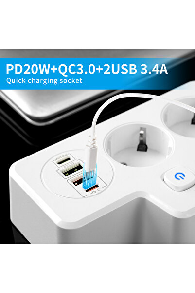 AdyMel Multifunctional Power Strip with Night Light, PD 20W, 2x USB-C, 2x USB, White