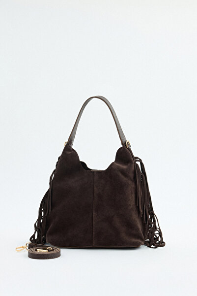 LUTVELIZADE Bag 2530 - Bitter Brown Suede Women's Bag with Tassel Stitching Detail