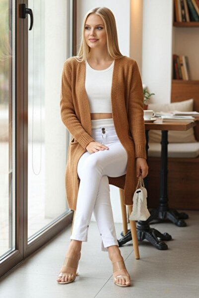 Mossta Women's Long Pocket Knit Cardigan – Soft Texture, Basic Comfortable Fit – Tan