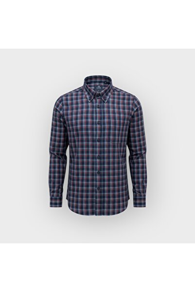 KAMER Regular Fit Winter 100% Cotton Long Sleeve Button-Up Collar Plaid Navy Blue Shirt 3866L