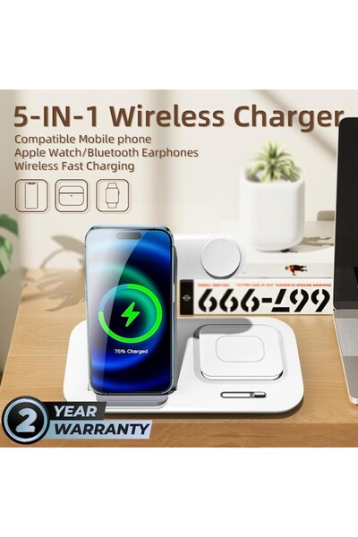 AdyMel 5-in-1 Wireless Fast Charger with Night Light, 15W (White)