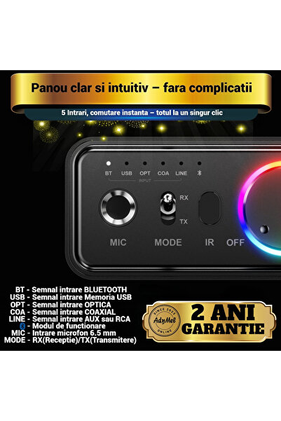 AdyMel Bluetooth 5.3 Adapter, Hi‑Fi TX/RX, USB, Optical, Coaxial, RCA, 3.5mm AUX, Black