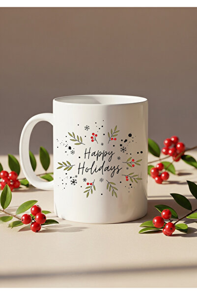 Allin Kokina Çizimli Happy Holidays Kupa – Porselen Yılbaşı Hediyesi