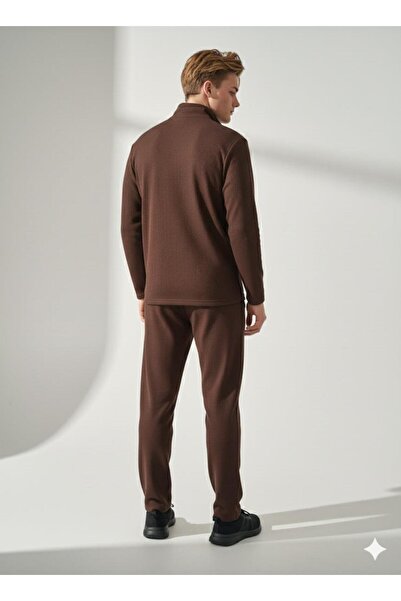 ribana Unisex Corded Fabric Shirt Collar Zippered Pocket Elastic Waist Knitwear Bottom Top Set