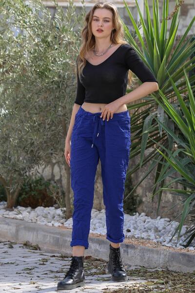 della moor Women's Saks Blue Italian Lycra Skinny Straight-Leg Trousers