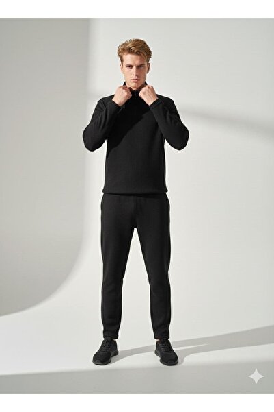 ribana Unisex Corded Fabric Shirt Collar Zippered Pocket Elastic Waist Knitwear Bottom Top Set