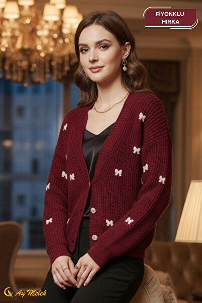 AYMELEK Women's Knitwear Cardigan Buttoned V-Neck Short Bow Detailed Textured Cardigan