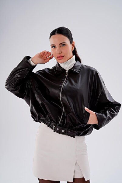ŞİMAL Women's Belt Detailed Leather Jacket 255441 -
