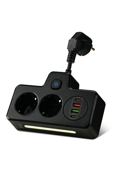 AdyMel Multifunctional Power Strip with Night Light, PD 20W, 2x USB-C, 2x USB-A, Touch, Black