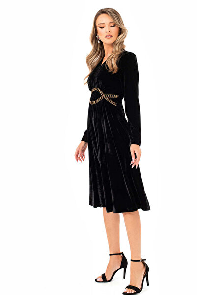 Miyu Black Velvet Dress with Golden Details