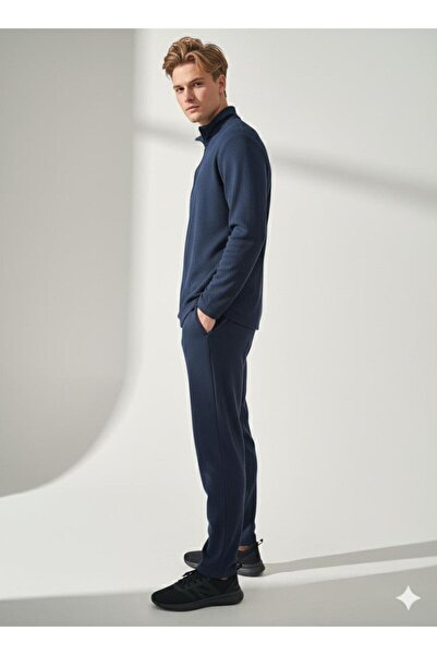 ribana Unisex Corded Fabric Shirt Collar Zippered Pocket Elastic Waist Knitwear Bottom Top Set