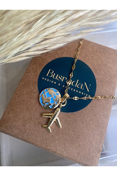 BusradanDesign Uçak ve Dünya Detay Manifest Çelik Kolye 45 cm