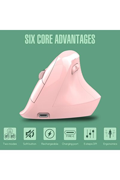 AdyMel Wireless Vertical Ergonomic Mouse — 2.4GHz & BT5.0, 4000 DPI, 500mAh, USB-C (Pink)