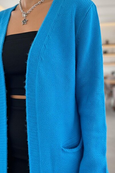 Mossta Long Pocket Knit Cardigan – Modern Basic, Soft Knitted – Blue