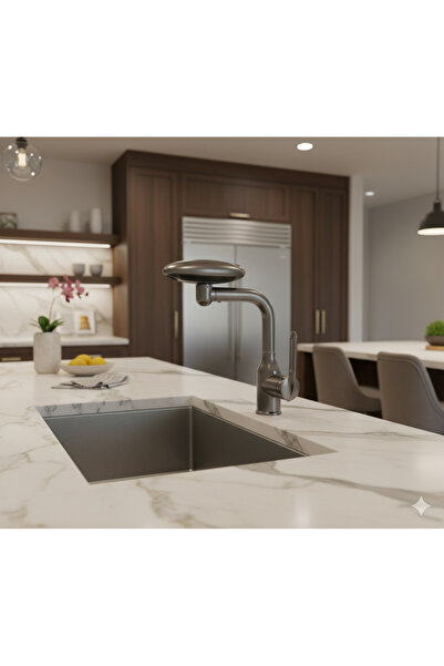 Skyline Orbion Baterie Bucătărie Premium, Inox Gri, 360°, Monocomandă, Cartuș Ceramic, 4 Jeturi: Duș/Cascadă