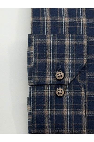 KAMER Regular Fit Winter 100% Cotton Long Sleeve Button-Up Collar Plaid Navy Blue Brown Shirt 3866Kl