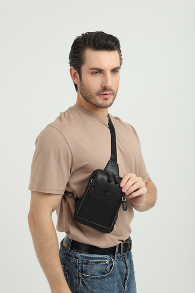 en deri Men's Black Multi-Compartment Cross Strap Shoulder Bag Crossbody Bag