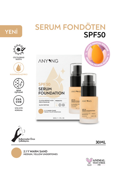 Anyong Serum Fondöten 2.1Y WARM SAND SPF 50 | Işıltılı, Bakım Yapan ve Cilt T...