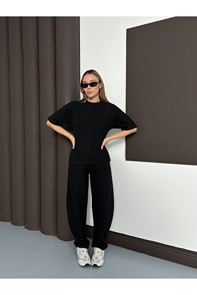 MODAMERSİ Women's Black Waist-Tied Short Sleeve Blouse Pants Two-Piece Set