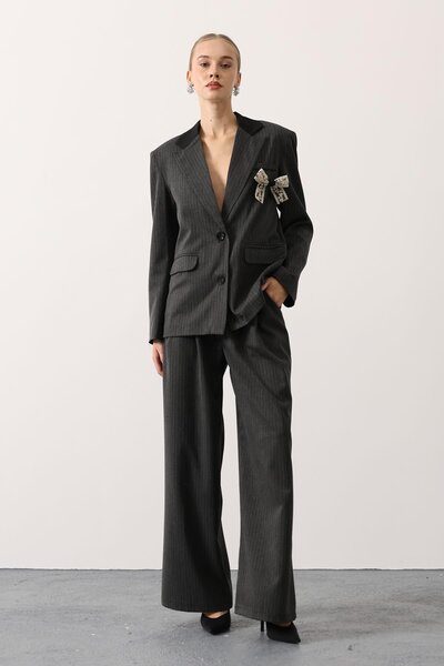 SHILSEE BEUTİQUE Women's Striped Bow Detail Jacket Pants over Oversized Im Anthracite