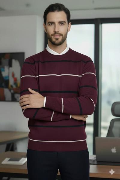 Millionaire Men's Striped Detailed Burgundy Crew Neck Standard Regular Fit Blended Knit Sweater