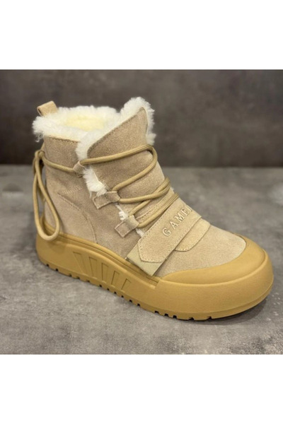 GAMELU Tape Women's Beige Genuine Leather Fur Thick Platform Sole Velcro Winter Comfortable Snow Boots Postal Shoes