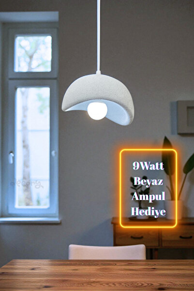 decory Minimalist Beton Görünümlü Tekli Sarkıt Avize, 22cm Çap Tekli Sarkıt Avize(9W Beyaz Ampul Hediye)