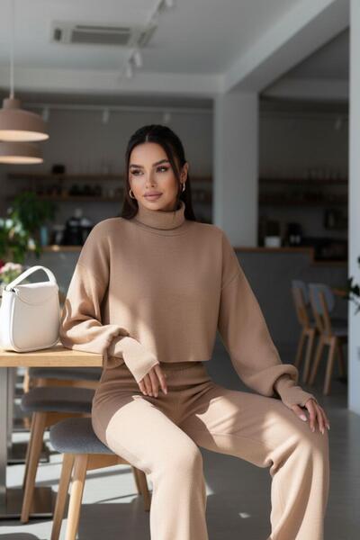 Mossta Women's High Neck Crop Knitwear Two-Piece Set – Balloon Sleeves, High Waist Pants – Mink