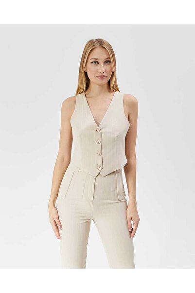 Milamia Kadın Çizgili Tokalı Kısa Cepken Yelek