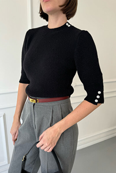 MAGARDE Pulover cu barbă cu pene cu detaliu de piatră pe umăr - NEGRU