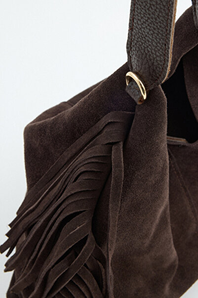 LUTVELIZADE Bag 2530 - Bitter Brown Suede Women's Bag with Tassel Stitching Detail