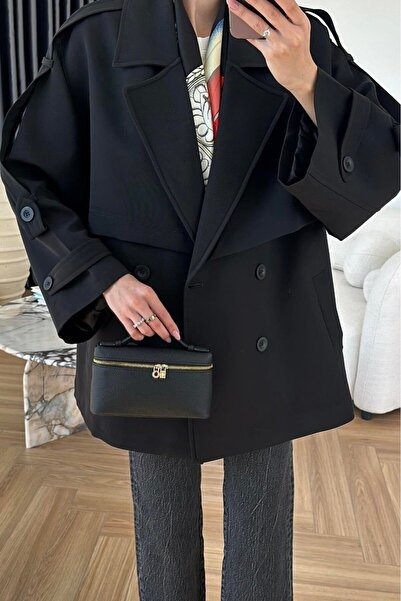 Suziş Black Belted Oversize Standard Size Short Trench Coat 9580