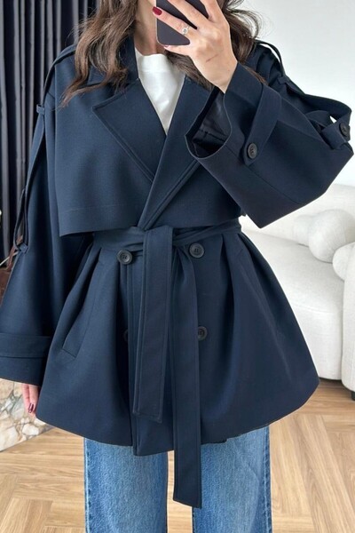 Suziş Sheepskin Dark Blue Belted Oversized Standard Size Short Trench Coat 9580