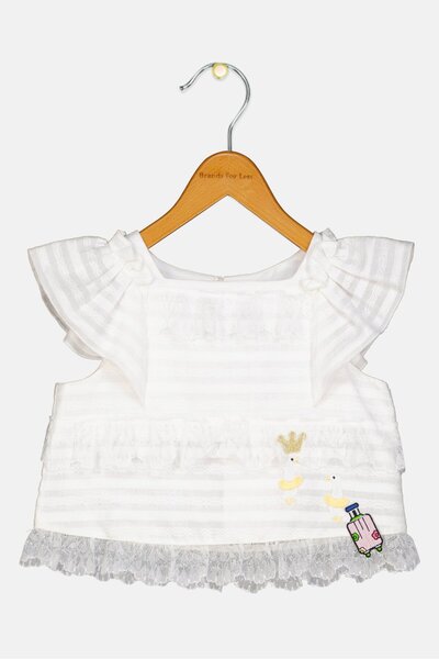 Choupette Kids Girl Square Neck Ruffle Sleeve Embroidered Top, White