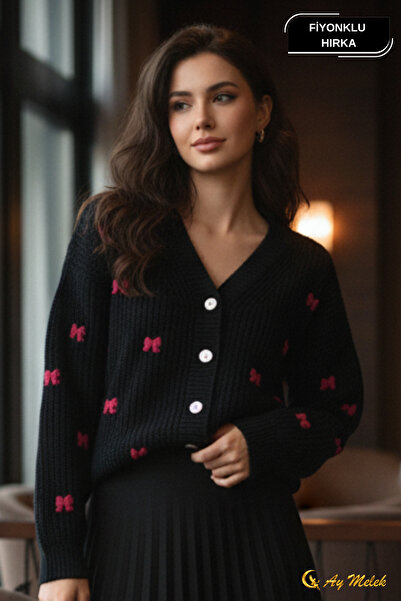 AYMELEK Women's Knitwear Cardigan Buttoned V-Neck Short Bow Detailed Textured...