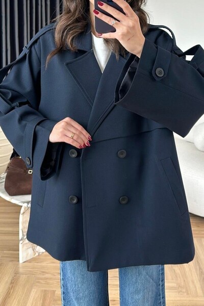 Suziş Sheepskin Dark Blue Belted Oversized Standard Size Short Trench Coat 9580