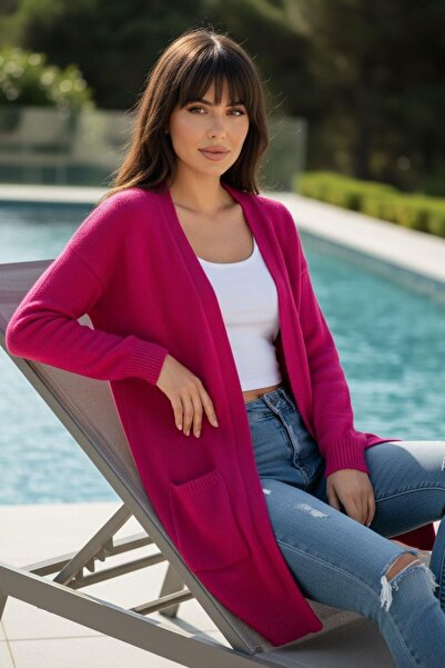 Mossta Women's Long Pocket Knit Cardigan – Energetic Color, Soft Knit – Fuchsia
