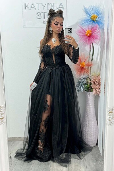 KATYDEA STORE Vivian black tulle and lace long evening dress