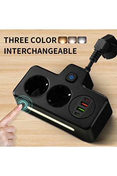 AdyMel Multifunctional Power Strip with Night Light, PD 20W, 2x USB-C, 2x USB-A, Touch, Black