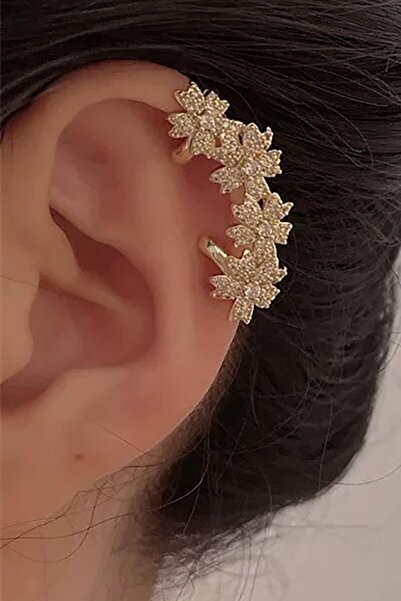 TAKIŞTIR Altın Renk Çiçek Figürlü Taş Detaylı Ear Cuff (Tek)