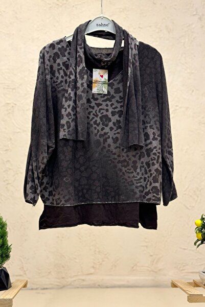 sahnemoda Leopard print shimmery detail shawl two-piece imported blouse set