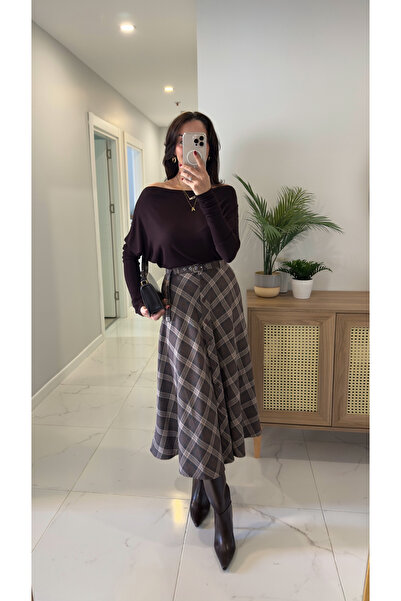 BİRCANÇİL Mosa Brown Plaid Skirt with Belt Detail
