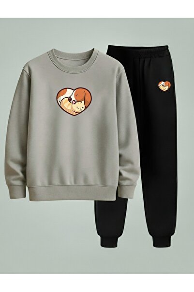 LORVEX سويت شيرت للأطفال للجنسين - طقم رياضي برقبة دائرية DOG CAT LOVE B مطبو...