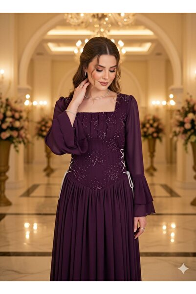 NARCISSUS FASHION Chiffon evening dress with ruffled bell sleeves and embroidered waist