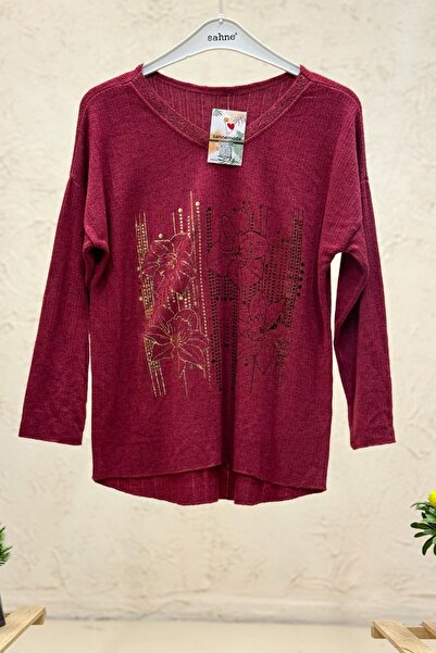 sahnemoda Floral pattern gilded v-neck velvet imported blouse